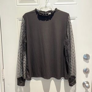 Blooming Jelly Black Ruffled Neck Top with Sheer Polka Dot Sleeves XXL Modern